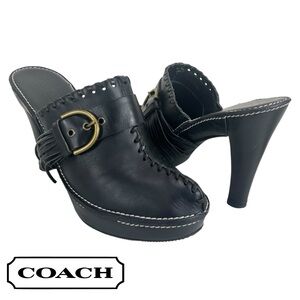 Coach Women 9B Katryna Black Leather 4.5” Heeled Mules Clog Buckle &‎ Fringe